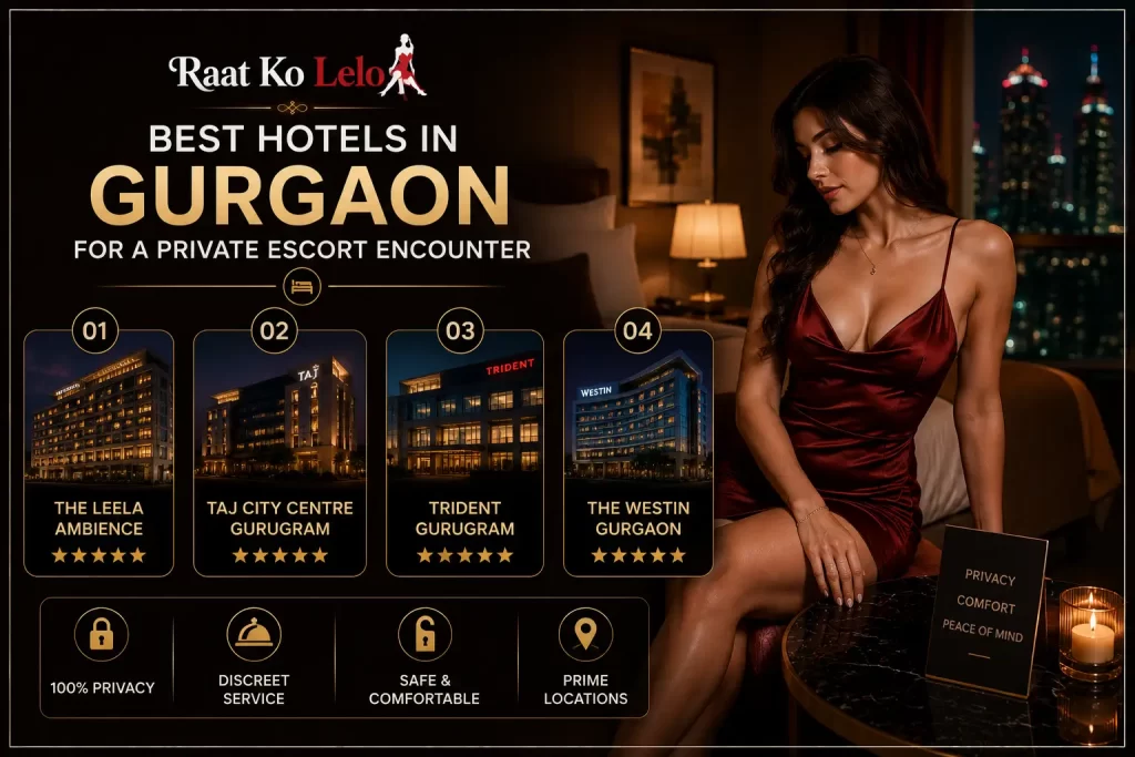 A luxurious, soundproofed hotel room with dim lighting, ideal for a private escort encounter in Gurgaon